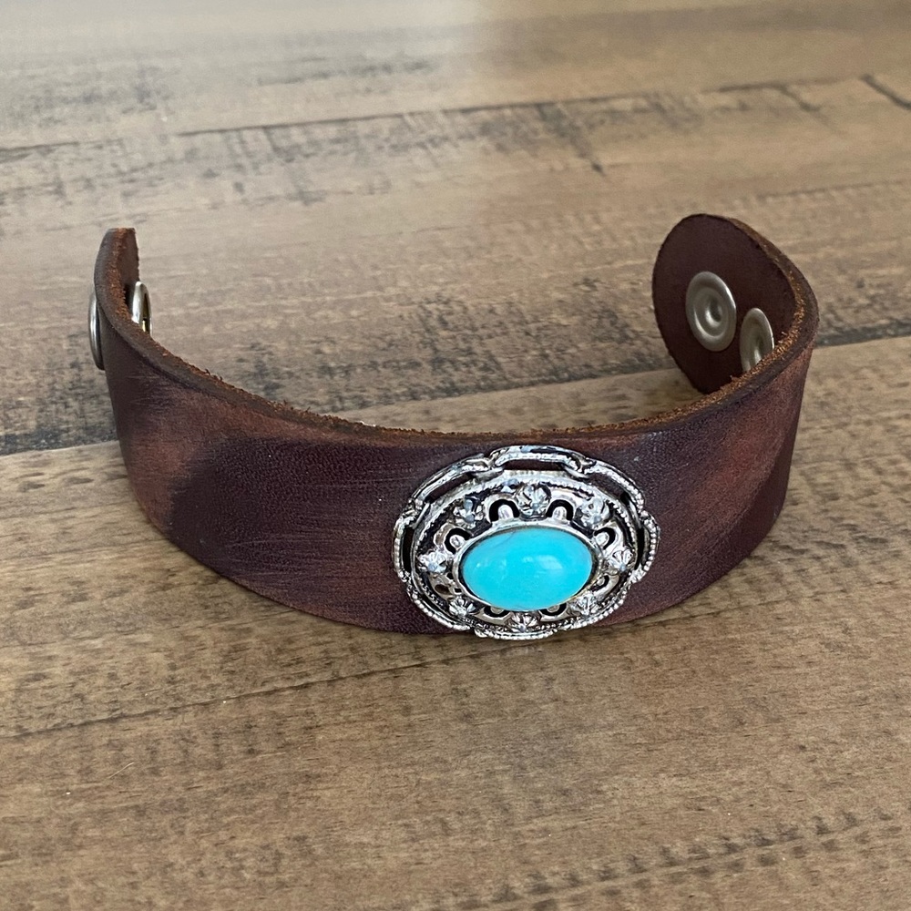 Made in the Deep South Turquoise Leather Cuff
